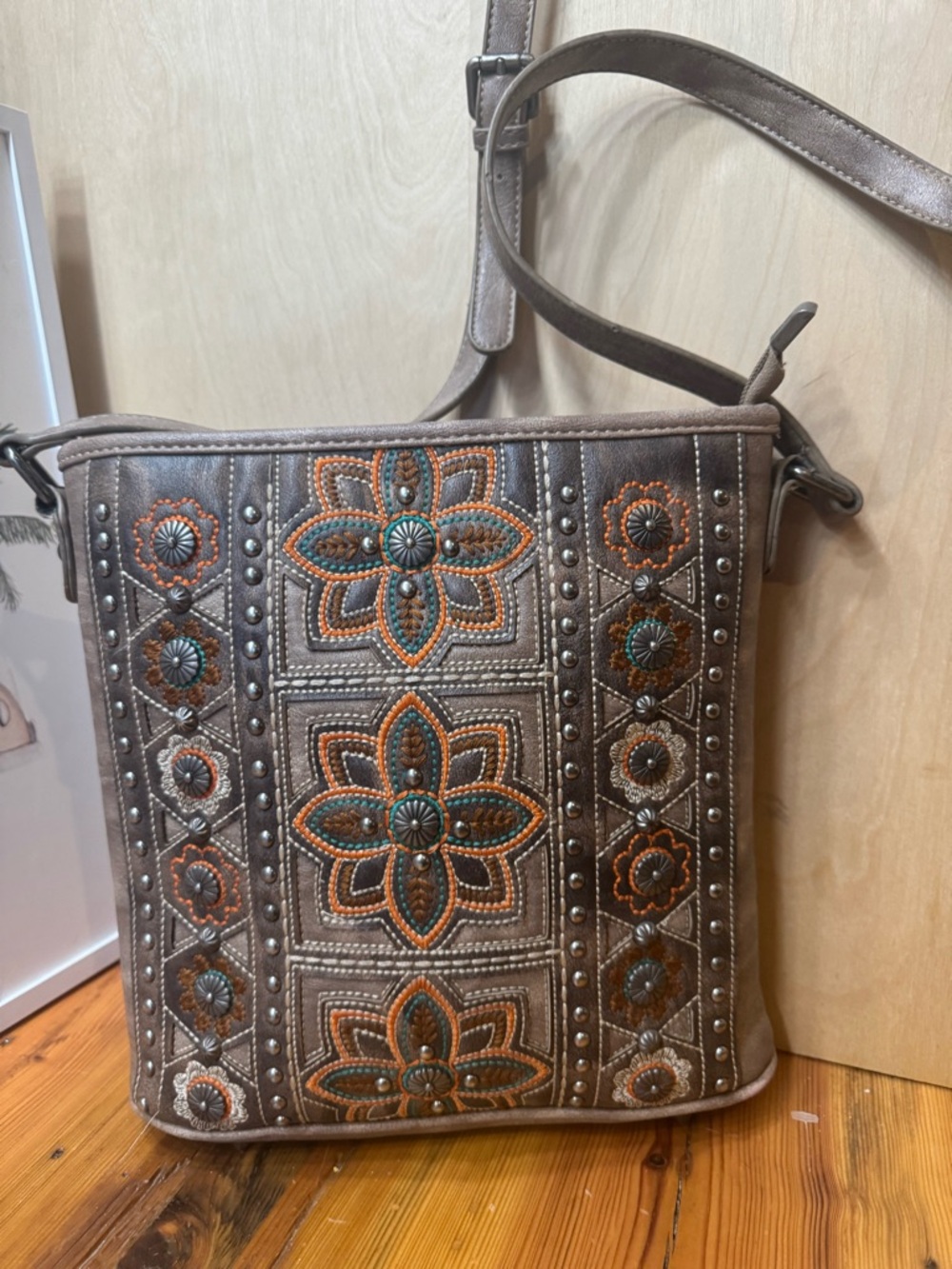 Embroidered Taupe Floral Crossbody Bag with Orange & Teal Accents